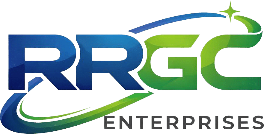 The RRGC Enterprises logo features bold blue and green letters "RRGC" with a swoosh and star element, and the word "ENTERPRISES" in gray below. The design suggests motion and growth.